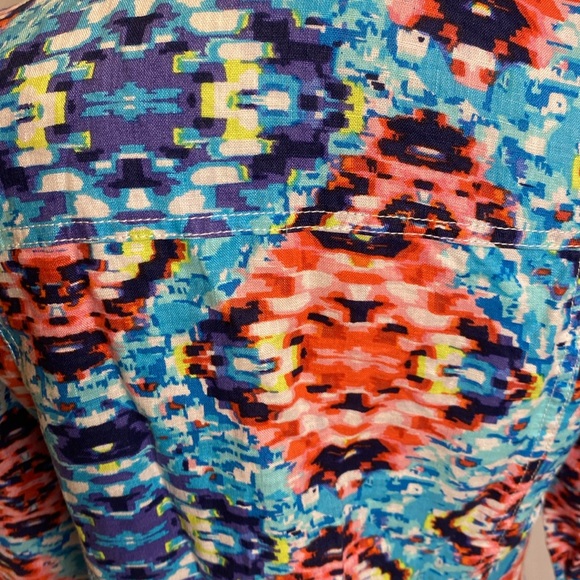 190 Ruby Rd Aztec Linen Jacket Blouse Size Medium Blue Pink - Picture 4 of 5